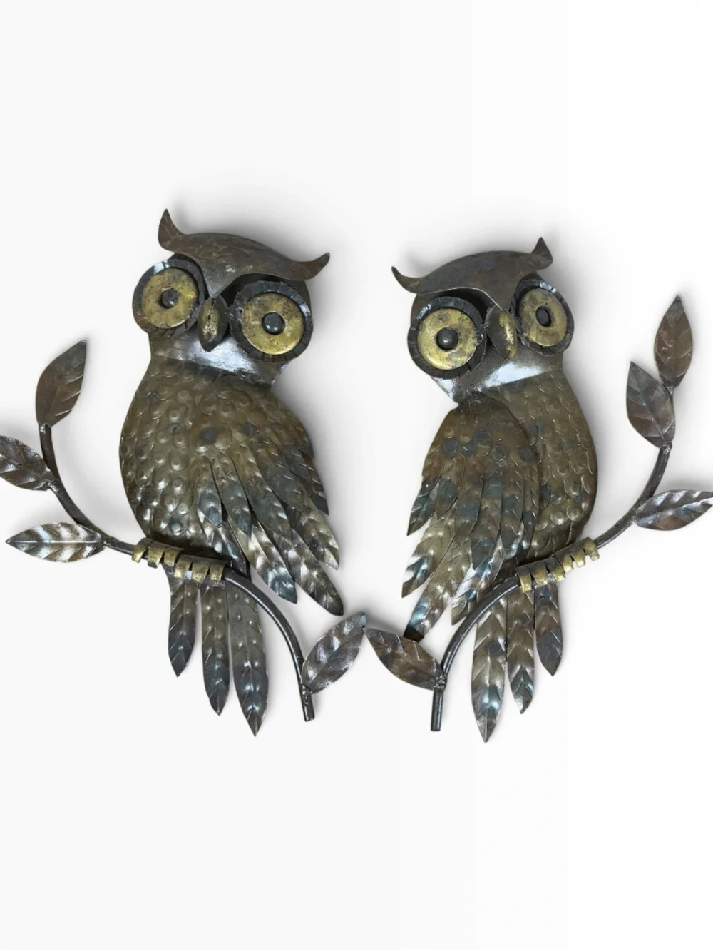 Metal Owl Wall Decor Pair in Aged Brass and Bronze
